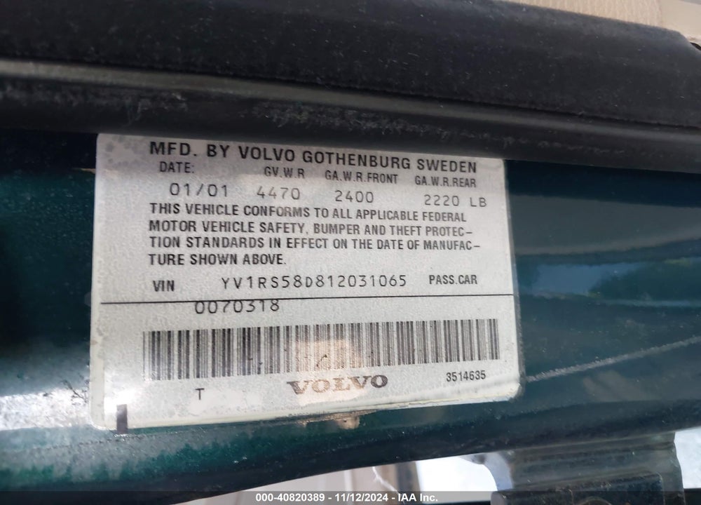 2001 VOLVO S60 2.4T VIN: YV1RS58D812031065