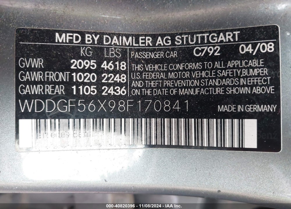 2008 MERCEDES-BENZ C 350 SPORT VIN: WDDGF56X98F170841