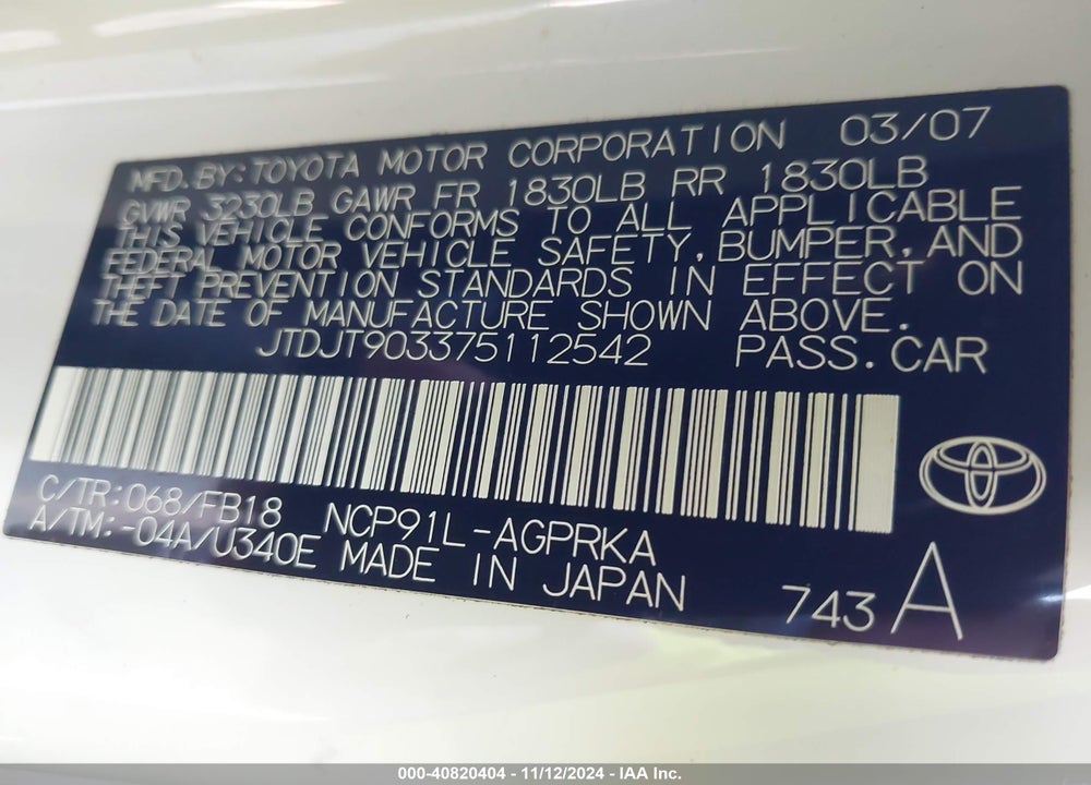 2007 TOYOTA YARIS VIN: JTDJT903375112542