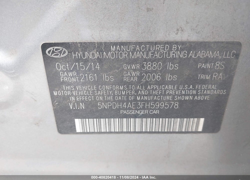 2015 HYUNDAI ELANTRA SE VIN: 5NPDH4AE3FH599578