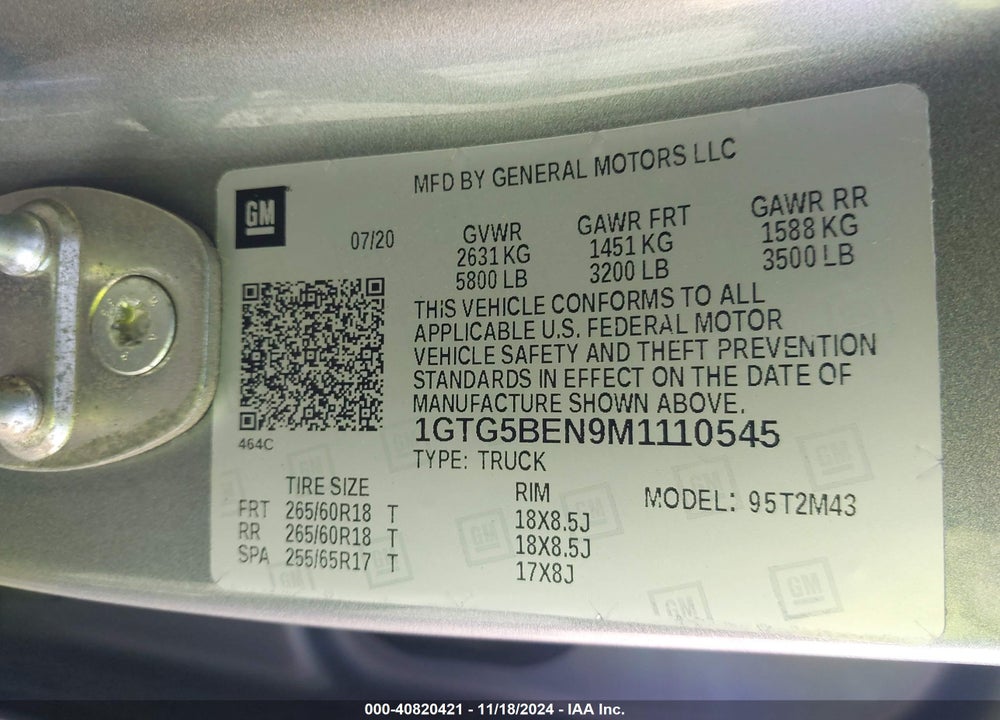 2021 GMC CANYON VIN: 1GTG5BEN9M1110545