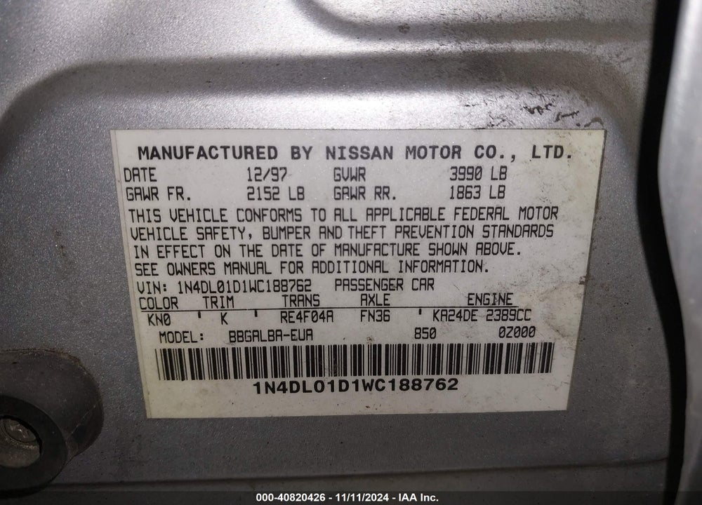 1998 NISSAN ALTIMA GLE/GXE/SE/XE VIN: 1N4DL01D1WC188762