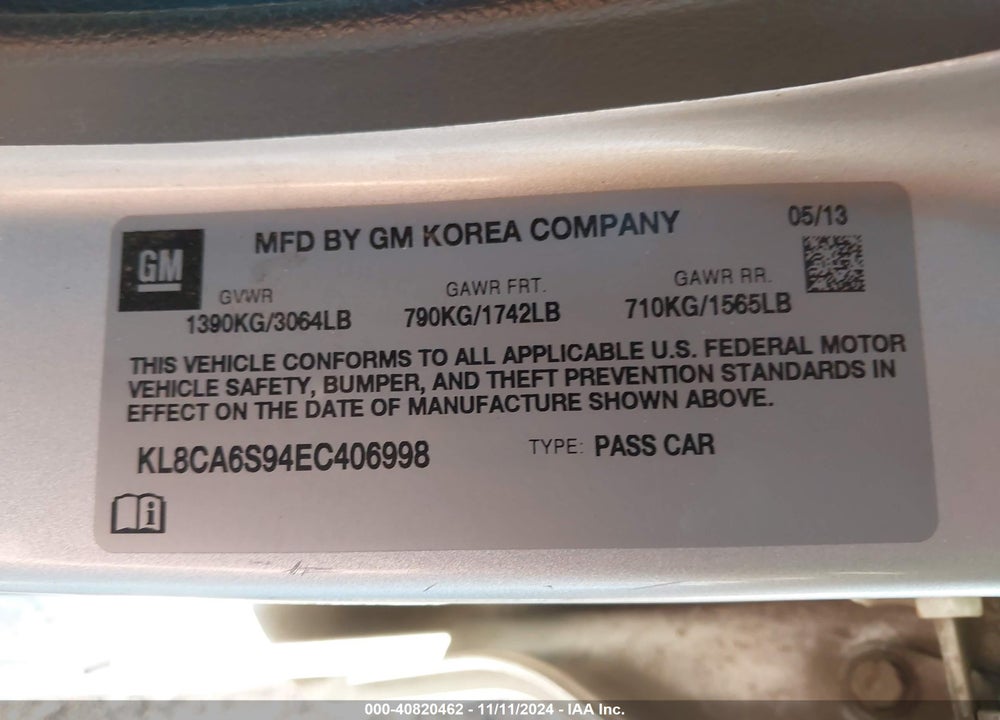2014 CHEVROLET SPARK VIN: KL8CA6S94EC406998