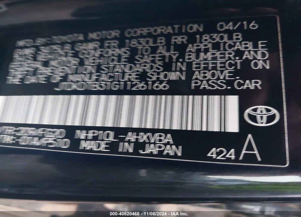 2016 TOYOTA PRIUS C TWO VIN: JTDKDTB31G1126166