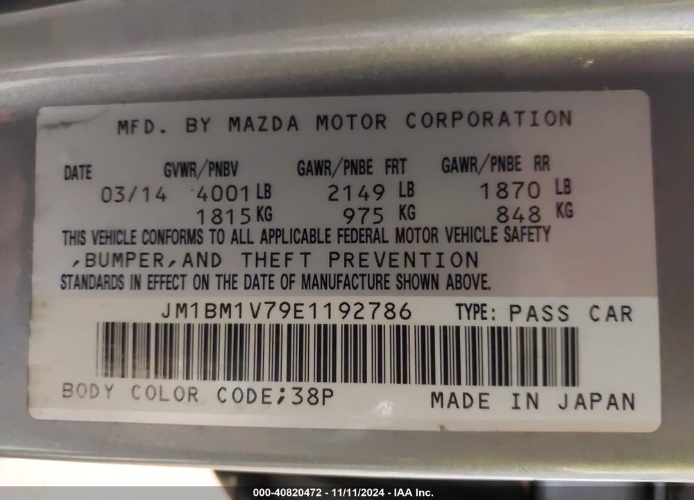 2014 MAZDA 3 I TOURING VIN: JM1BM1V79E1192786