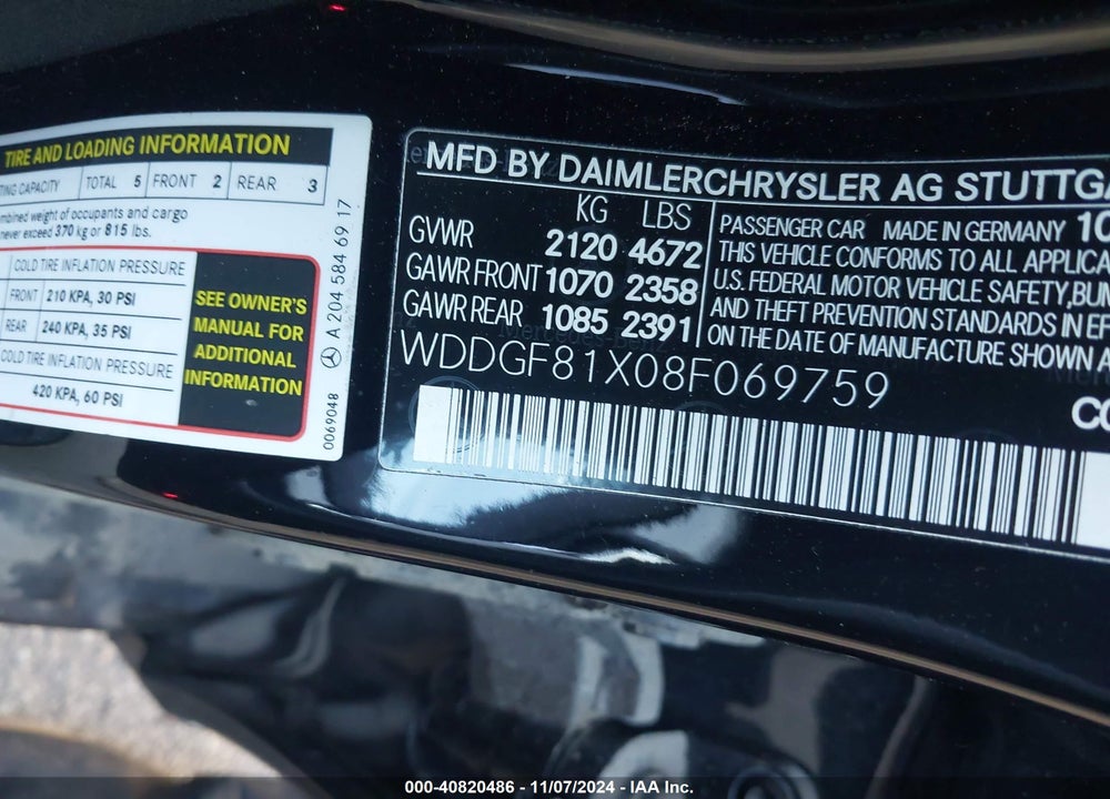 2008 MERCEDES-BENZ C 300 VIN: WDDGF81X08F069759