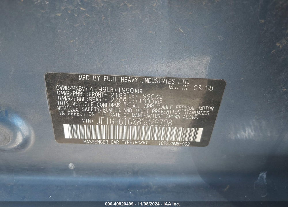 2008 SUBARU IMPREZA 2.5I VIN: JF1GH616X8G828708