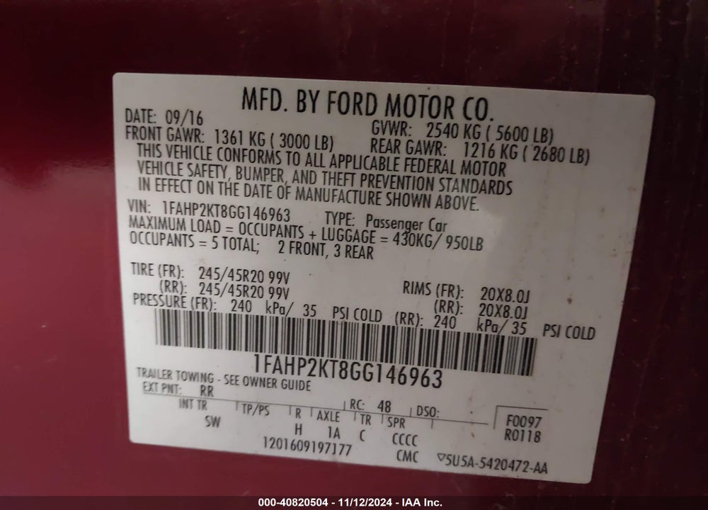 2016 FORD TAURUS SHO VIN: 1FAHP2KT8GG146963