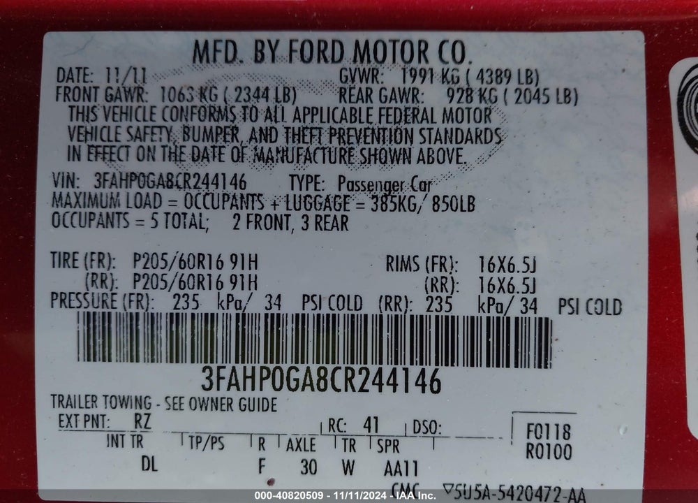 2012 FORD FUSION S VIN: 3FAHP0GA8CR244146