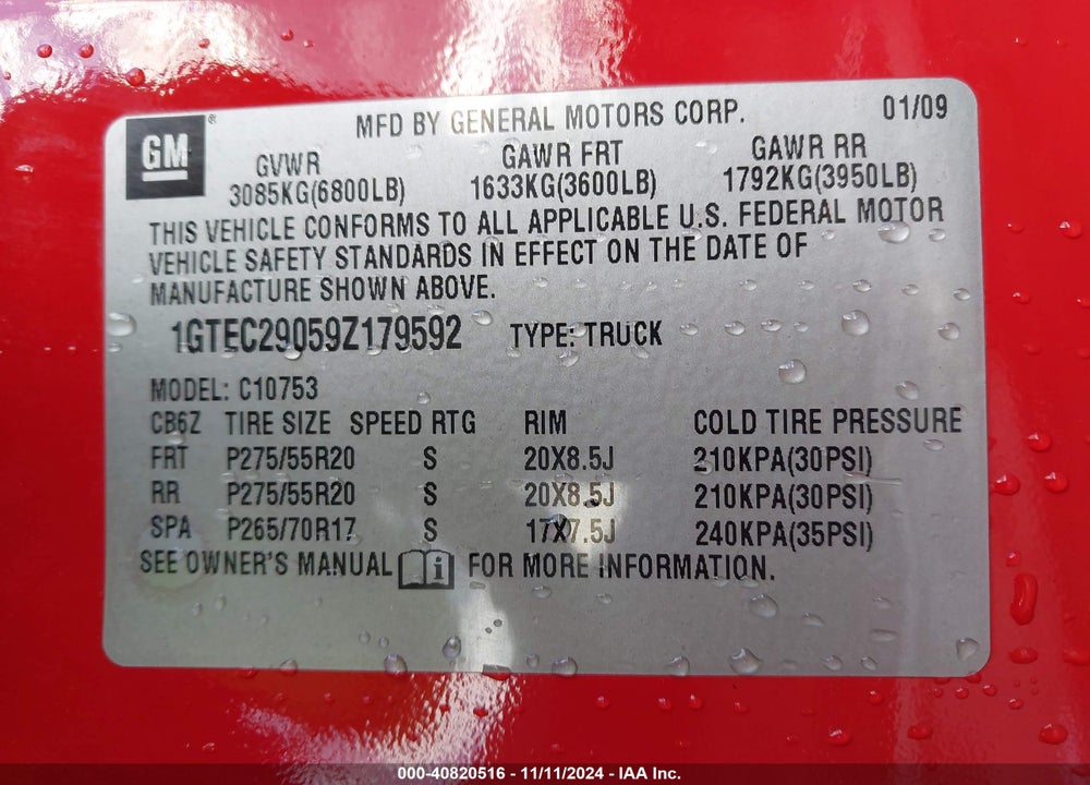2009 GMC SIERRA 1500 SLE VIN: 1GTEC29059Z179592