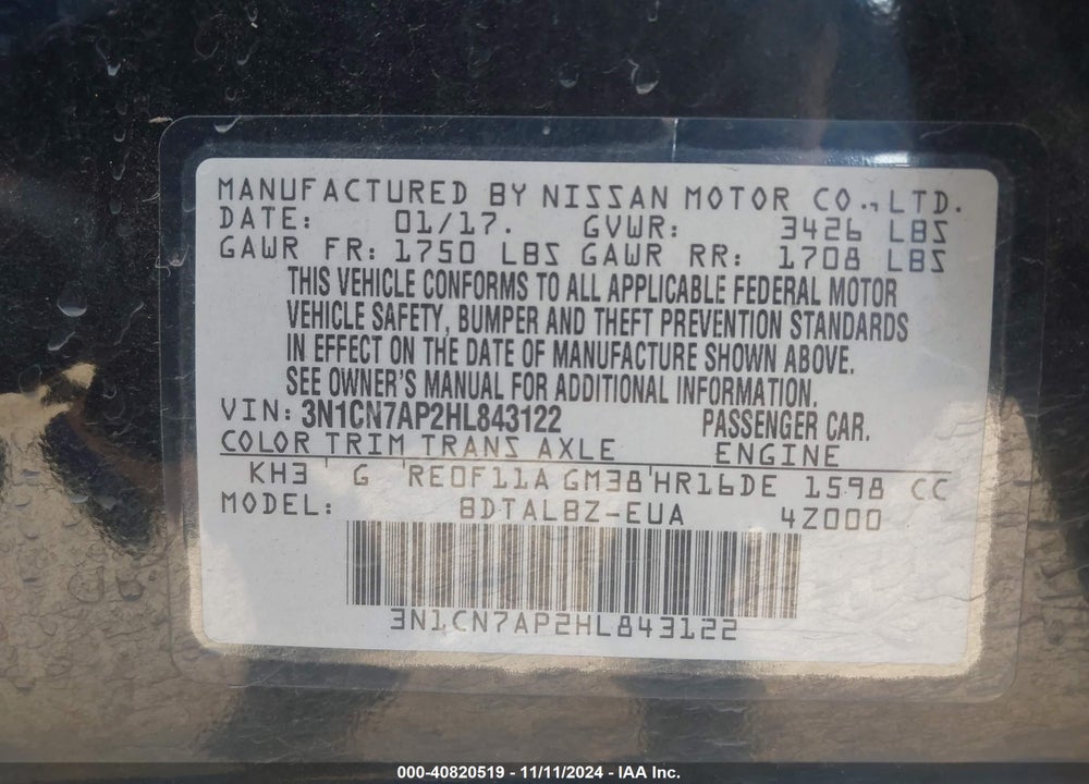 2017 NISSAN VERSA 1.6 SV VIN: 3N1CN7AP2HL843122