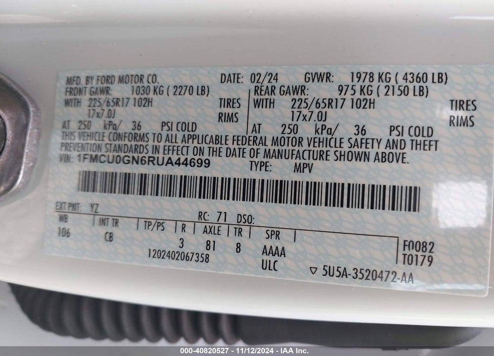 2024 FORD ESCAPE ACTIVE VIN: 1FMCU0GN6RUA44699