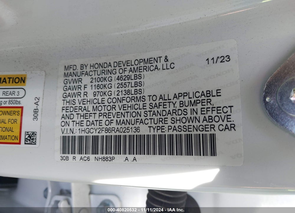 2024 HONDA ACCORD HYBRID TOURING VIN: 1HGCY2F86RA025136