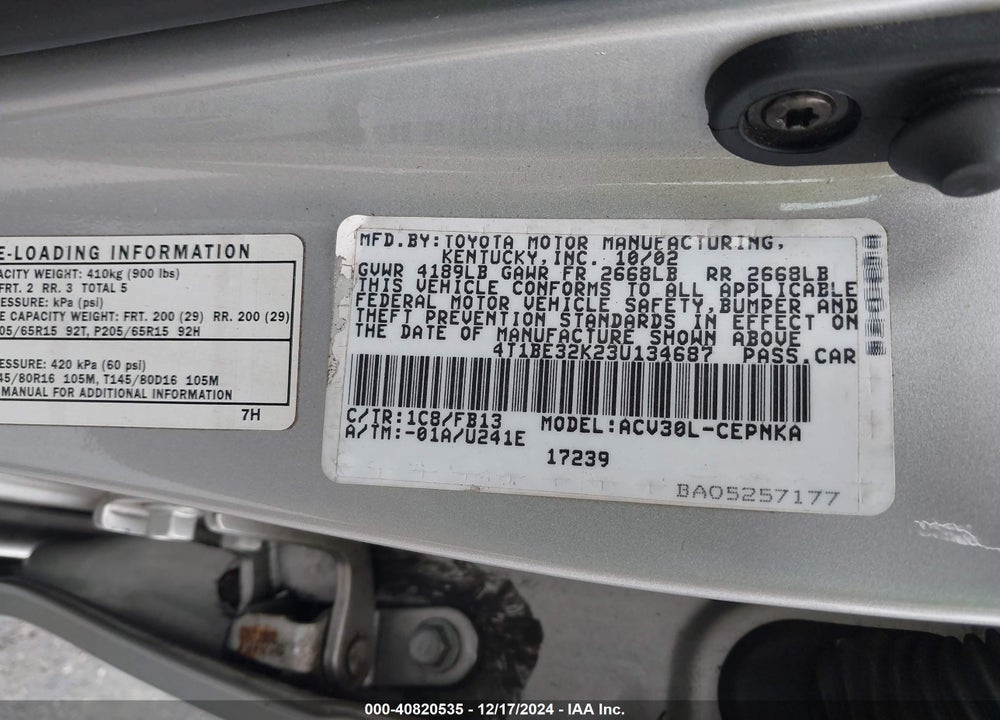 2003 TOYOTA CAMRY LE VIN: 4T1BE32K23U134687