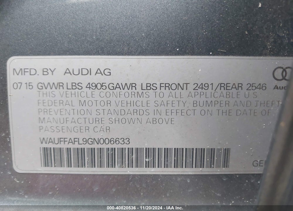 2016 AUDI A4 2.0T PREMIUM VIN: WAUFFAFL9GN006633