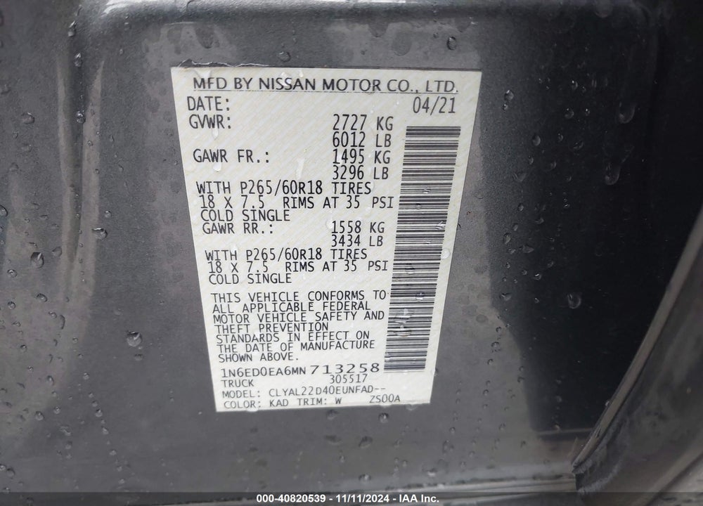 2021 NISSAN FRONTIER VIN: 1N6ED0EA6MN713258