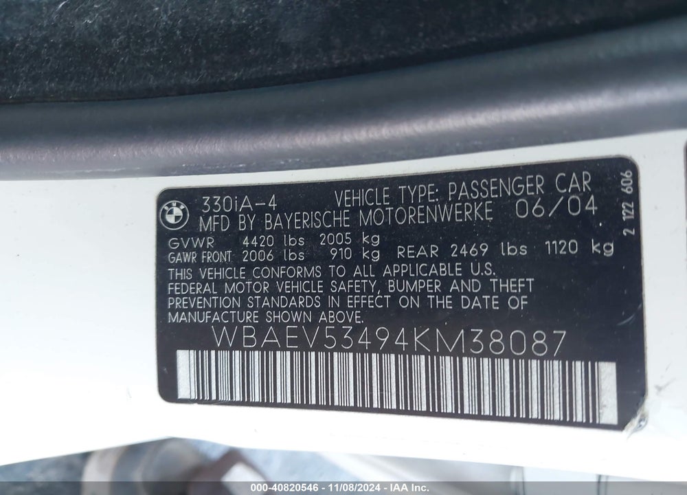 2004 BMW 330I VIN: WBAEV53494KM38087