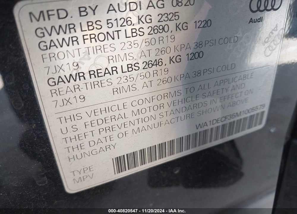 2021 AUDI Q3 PREMIUM 45 TFSI S LINE QUATTRO TIPTRONIC VIN: WA1DECF35M1005579
