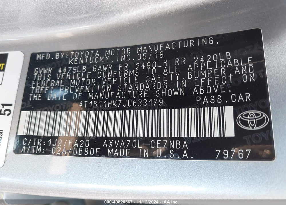2018 TOYOTA CAMRY LE VIN: 4T1B11HK7JU633179