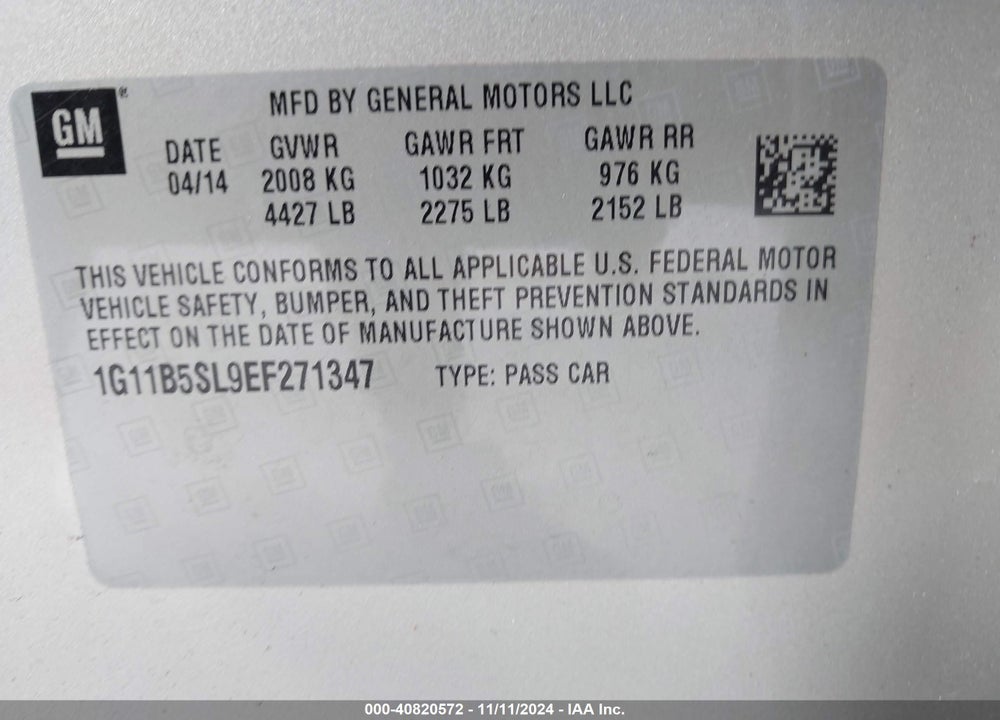 2014 CHEVROLET MALIBU 1LS VIN: 1G11B5SL9EF271347