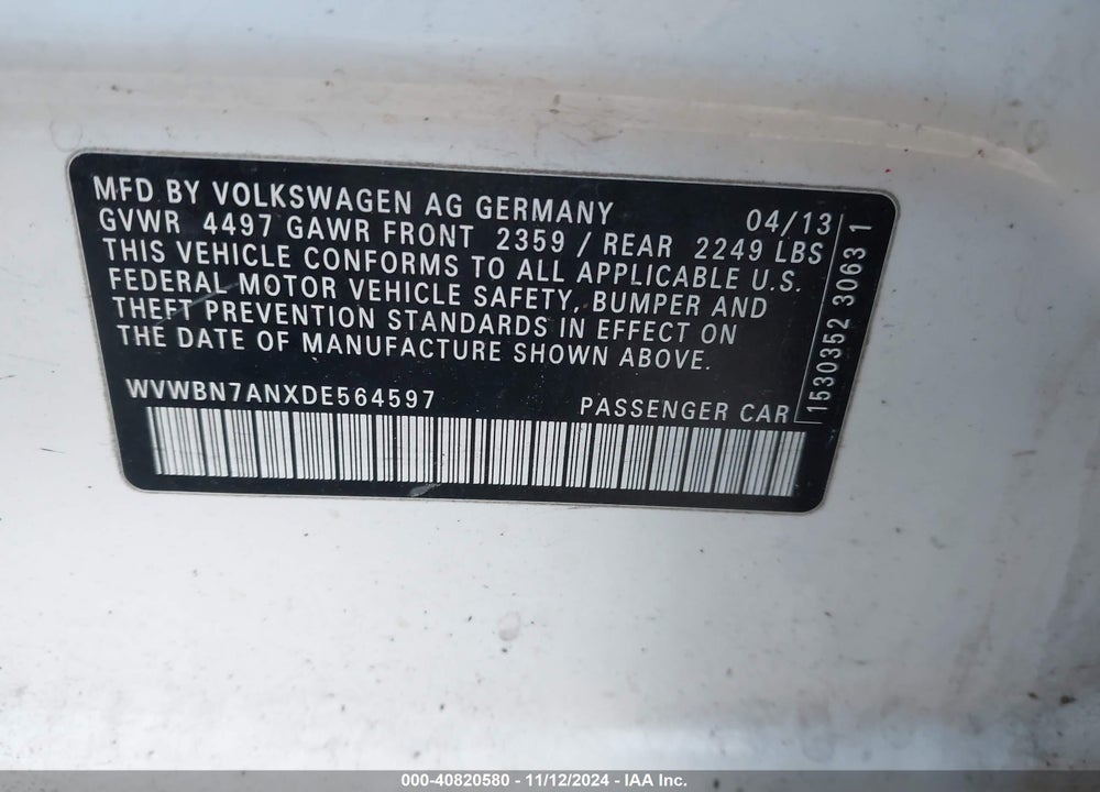 2013 VOLKSWAGEN CC R-LINE VIN: WVWBN7ANXDE564597