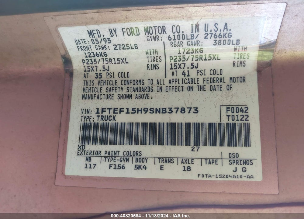 1995 FORD F150 VIN: 1FTEF15H9SNB37873