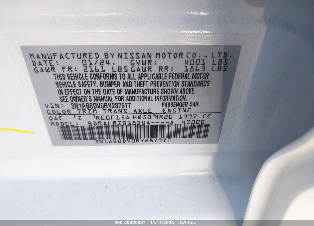 2024 NISSAN SENTRA SR XTRONIC CVT VIN: 3N1AB8DV0RY287977
