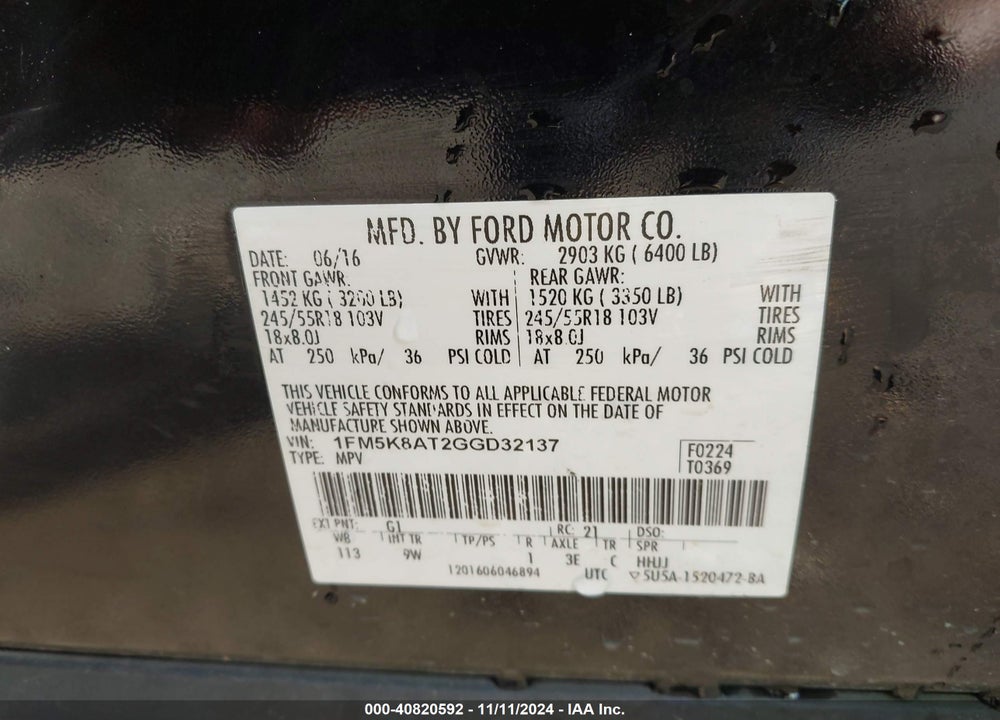 2016 FORD UTILITY POLICE INTERCEPTOR VIN: 1FM5K8AT2GGD32137