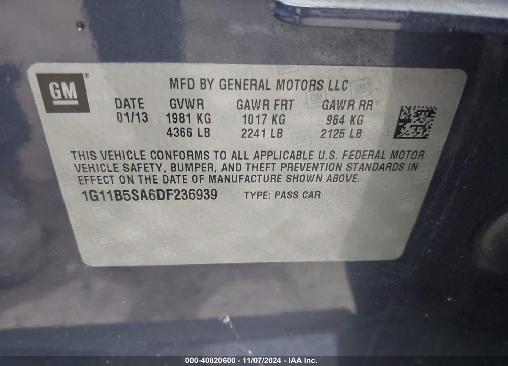 2013 CHEVROLET MALIBU 1LS VIN: 1G11B5SA6DF236939