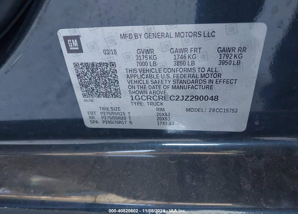 2018 CHEVROLET SILVERADO 1500 1LT VIN: 1GCRCREC2JZ290048