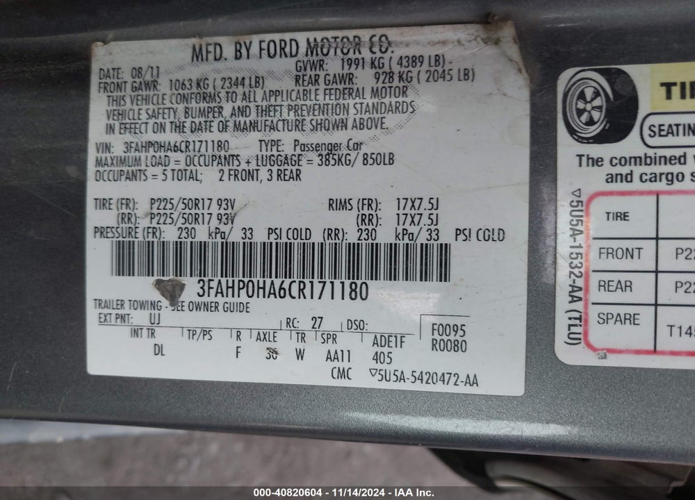 2012 FORD FUSION SE VIN: 3FAHP0HA6CR171180
