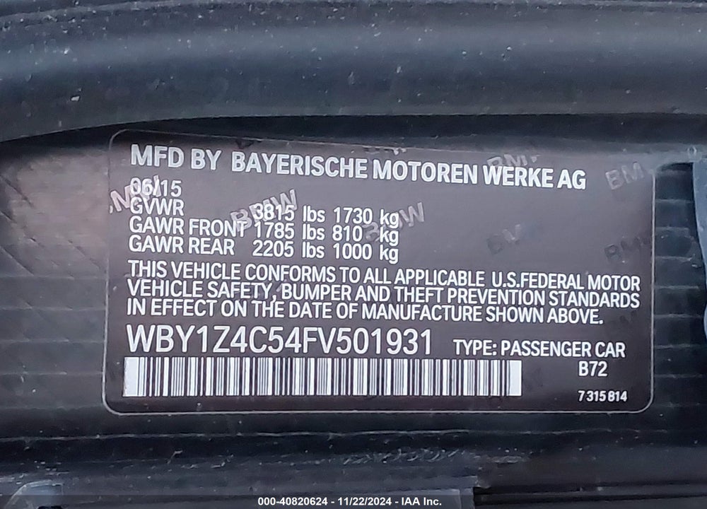 2015 BMW I3 BASE W/RANGE EXTENDER VIN: WBY1Z4C54FV501931