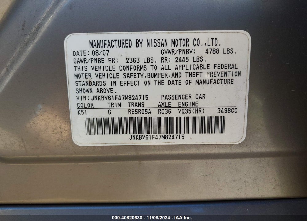 2007 INFINITI G35X VIN: JNKBV61F47M824715