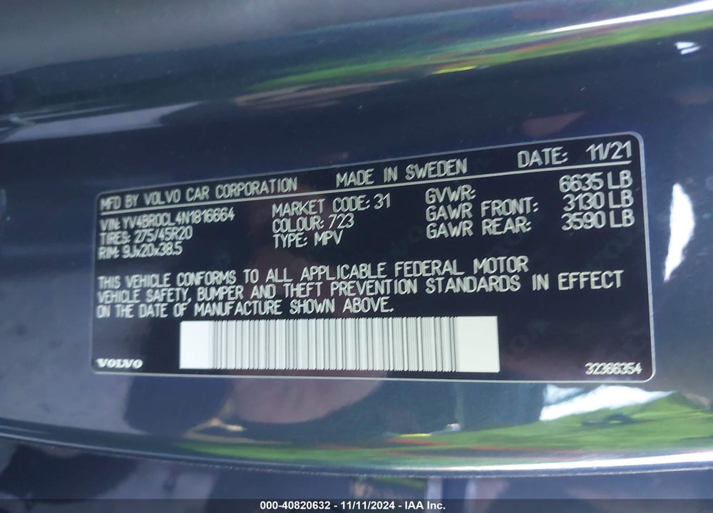 2022 VOLVO XC90 RECHARGE PLUG-IN HYBRID T8 INSCRIPTION 7 PASSENGER VIN: YV4BR0CL4N1816664