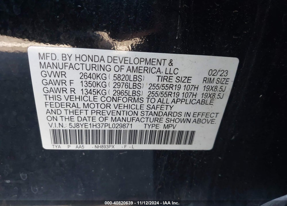 2023 ACURA MDX VIN: 5J8YE1H37PL029871