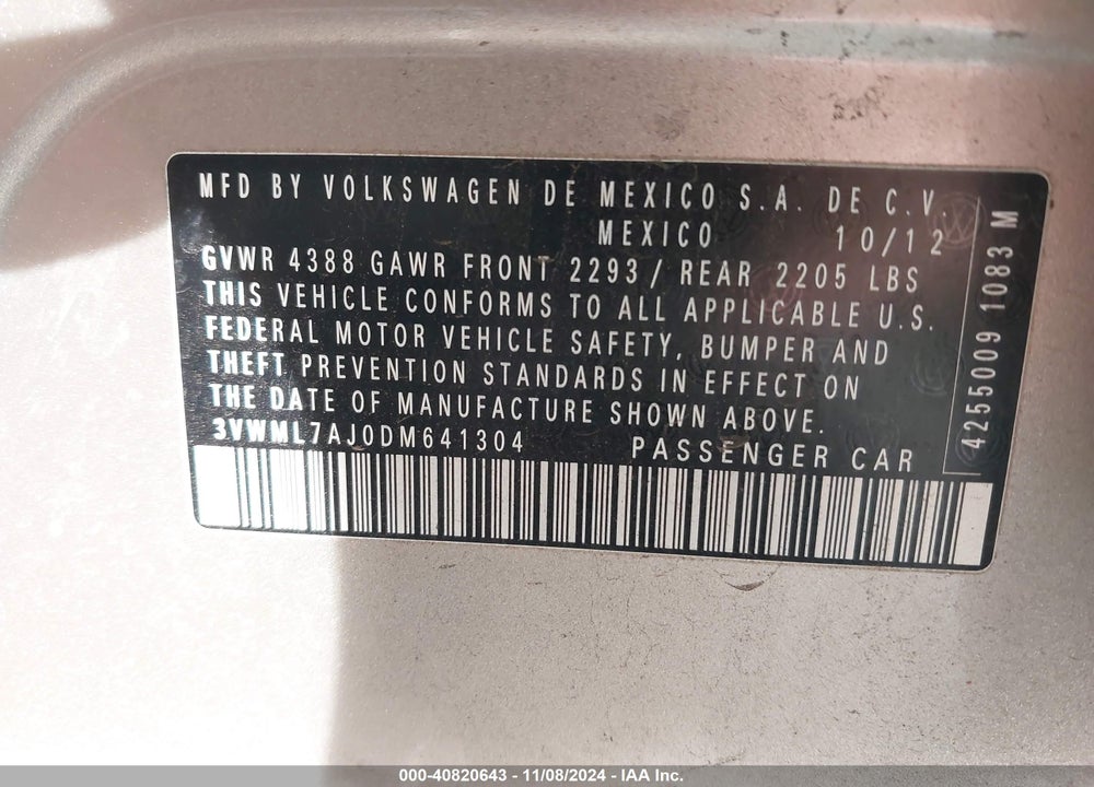 2013 VOLKSWAGEN JETTA SPORTWAGEN 2.0L TDI VIN: 3VWML7AJ0DM641304