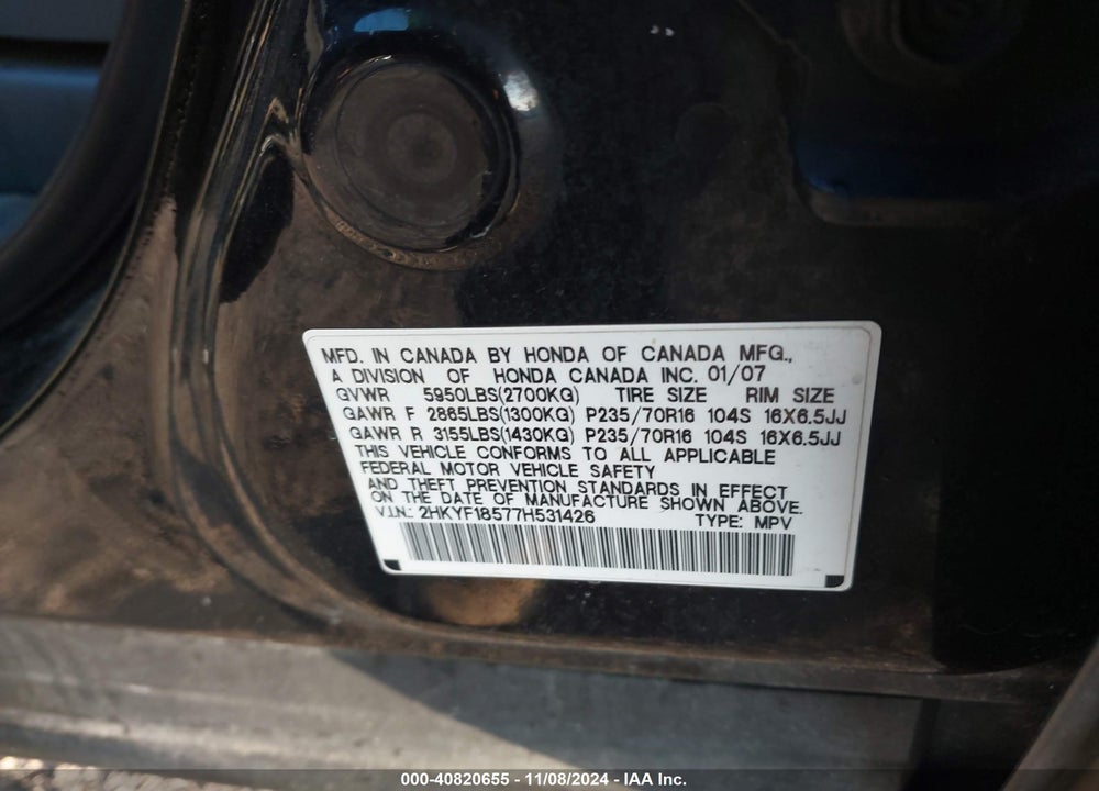2007 HONDA PILOT EX-L VIN: 2HKYF18577H531426