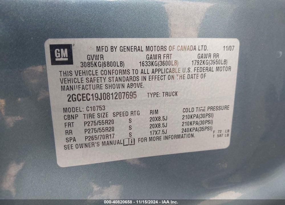 2008 CHEVROLET SILVERADO 1500 LT1 VIN: 2GCEC19J081207695