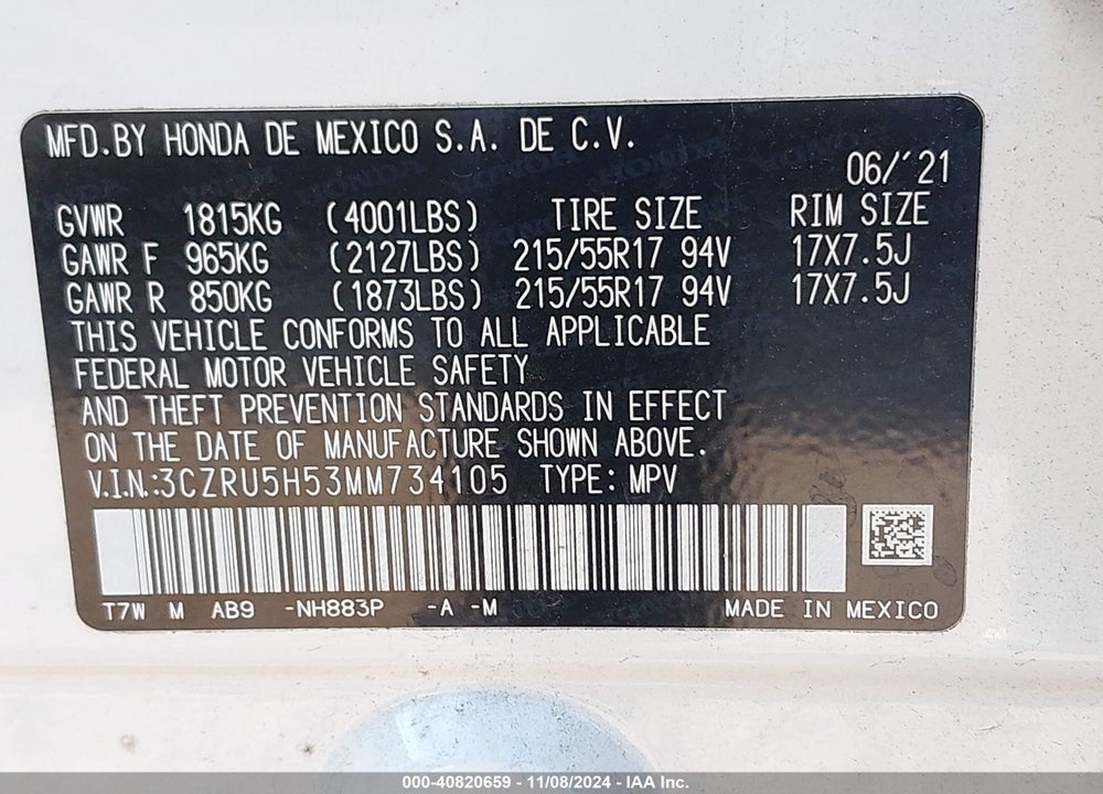 2021 HONDA HR-V 2WD EX VIN: 3CZRU5H53MM734105