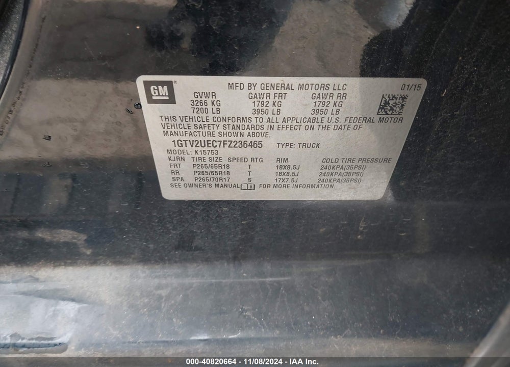 2015 GMC SIERRA 1500 VIN: 1GTV2UEC7FZ236465