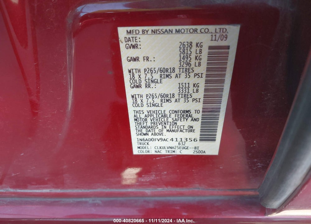 2010 NISSAN FRONTIER LE VIN: 1N6AD0FV9AC411356