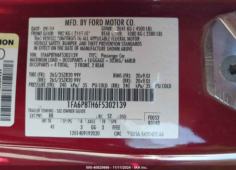 2015 FORD MUSTANG ECOBOOST VIN: 1FA6P8TH6F5302139