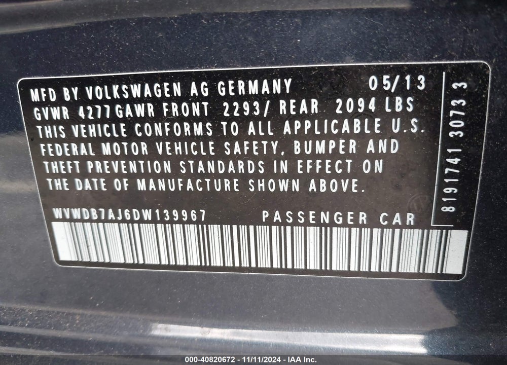 2013 VOLKSWAGEN GOLF 2.5L 4-DOOR VIN: WVWDB7AJ6DW139967