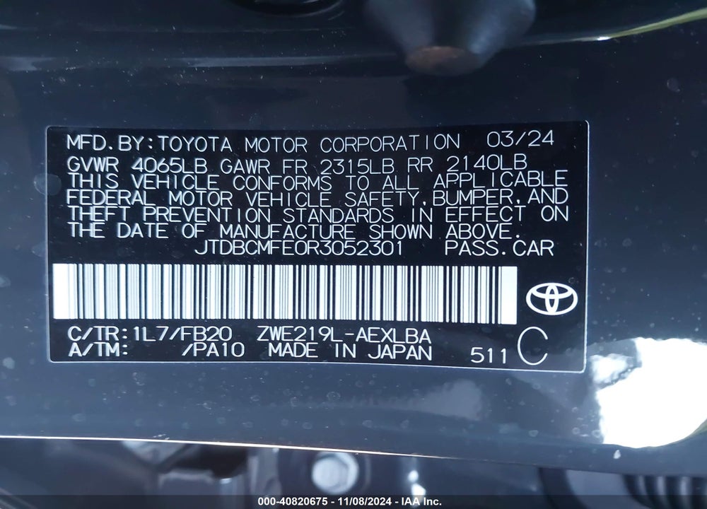 2024 TOYOTA COROLLA HYBRID LE VIN: JTDBCMFE0R3052301