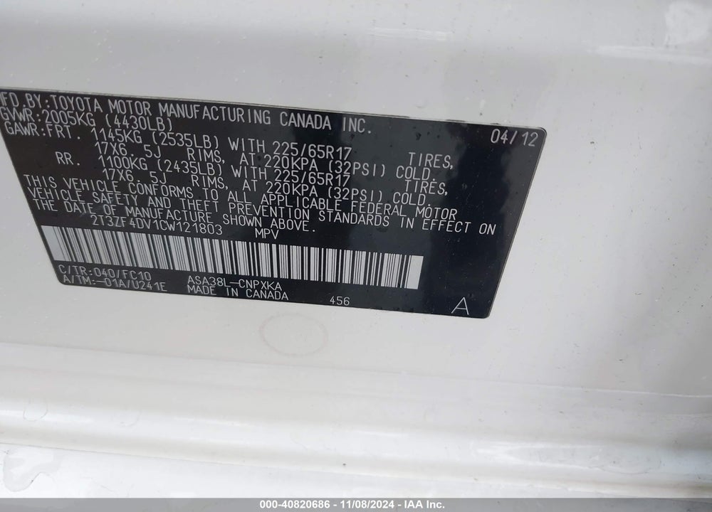 2012 TOYOTA RAV4 VIN: 2T3ZF4DV1CW121803