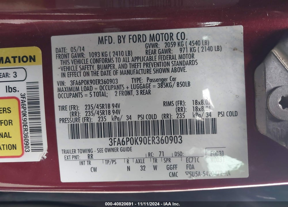 2014 FORD FUSION TITANIUM VIN: 3FA6P0K90ER360903
