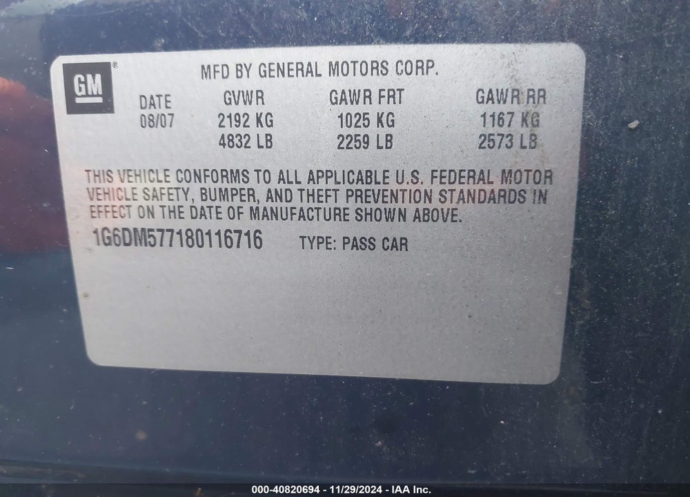 2008 CADILLAC CTS STANDARD VIN: 1G6DM577180116716