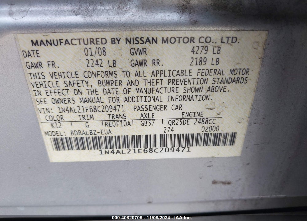 2008 NISSAN ALTIMA VIN: 1N4AL21E68C209471