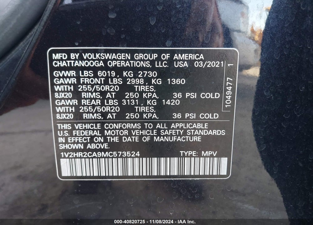 2021 VOLKSWAGEN ATLAS 3.6L V6 SE W/TECHNOLOGY VIN: 1V2HR2CA9MC573524