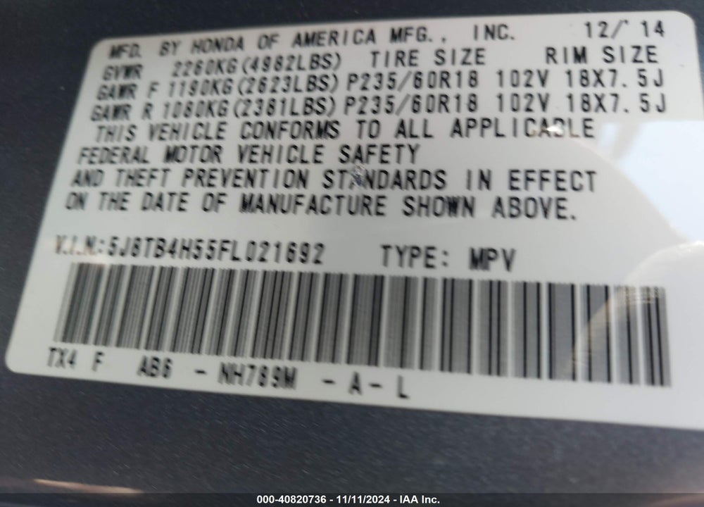 2015 ACURA RDX VIN: 5J8TB4H55FL021692